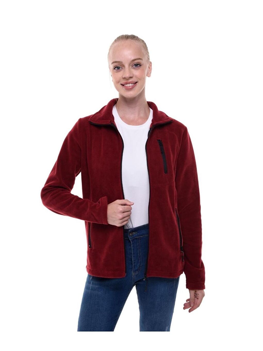 GENIUS STORE Bordo Kadın Polar Tam Fermuarlı Outdoor 3 Cepli Spor Polar Sweatshırt - 2