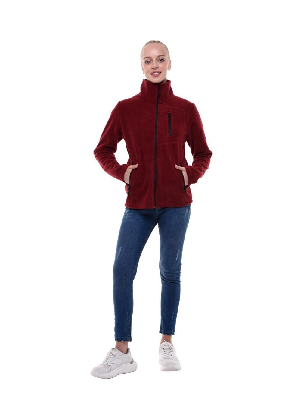 GENIUS STORE Bordo Kadın Polar Tam Fermuarlı Outdoor 3 Cepli Spor Polar Sweatshırt