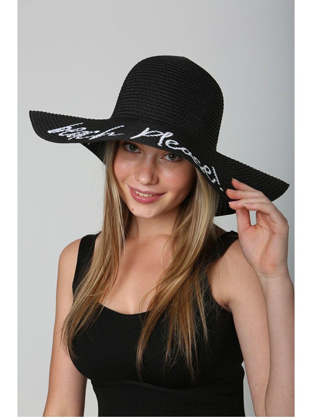 Beach Please Nakışlı Siyah Hasır Şapka Kutulu GönderimHsr2029-1