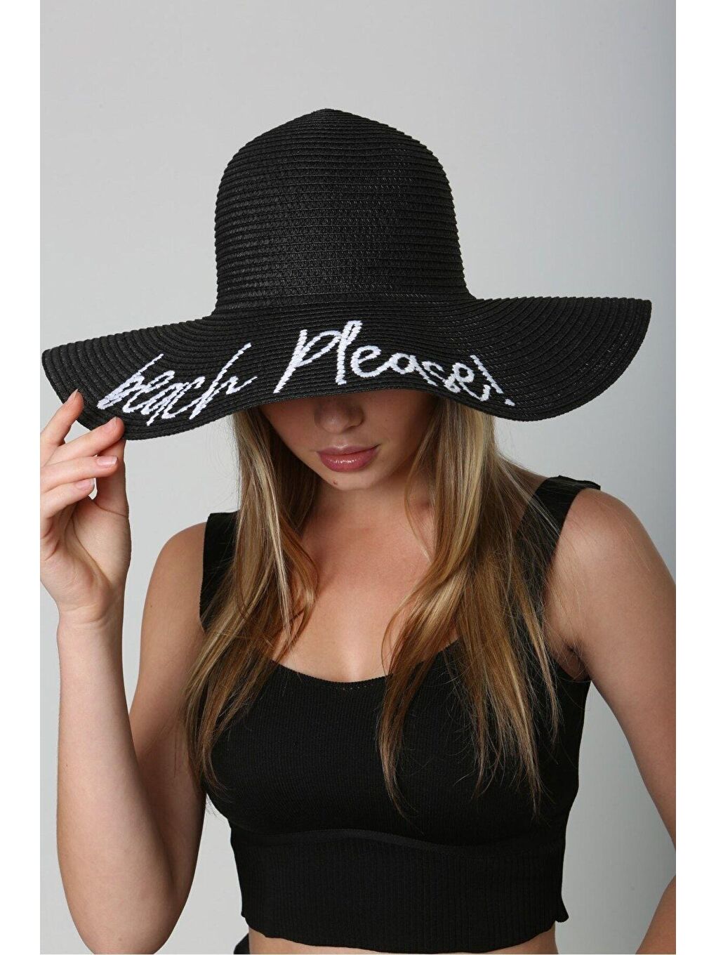 Beach Please Nakışlı Siyah Hasır Şapka Kutulu GönderimHsr2029-2