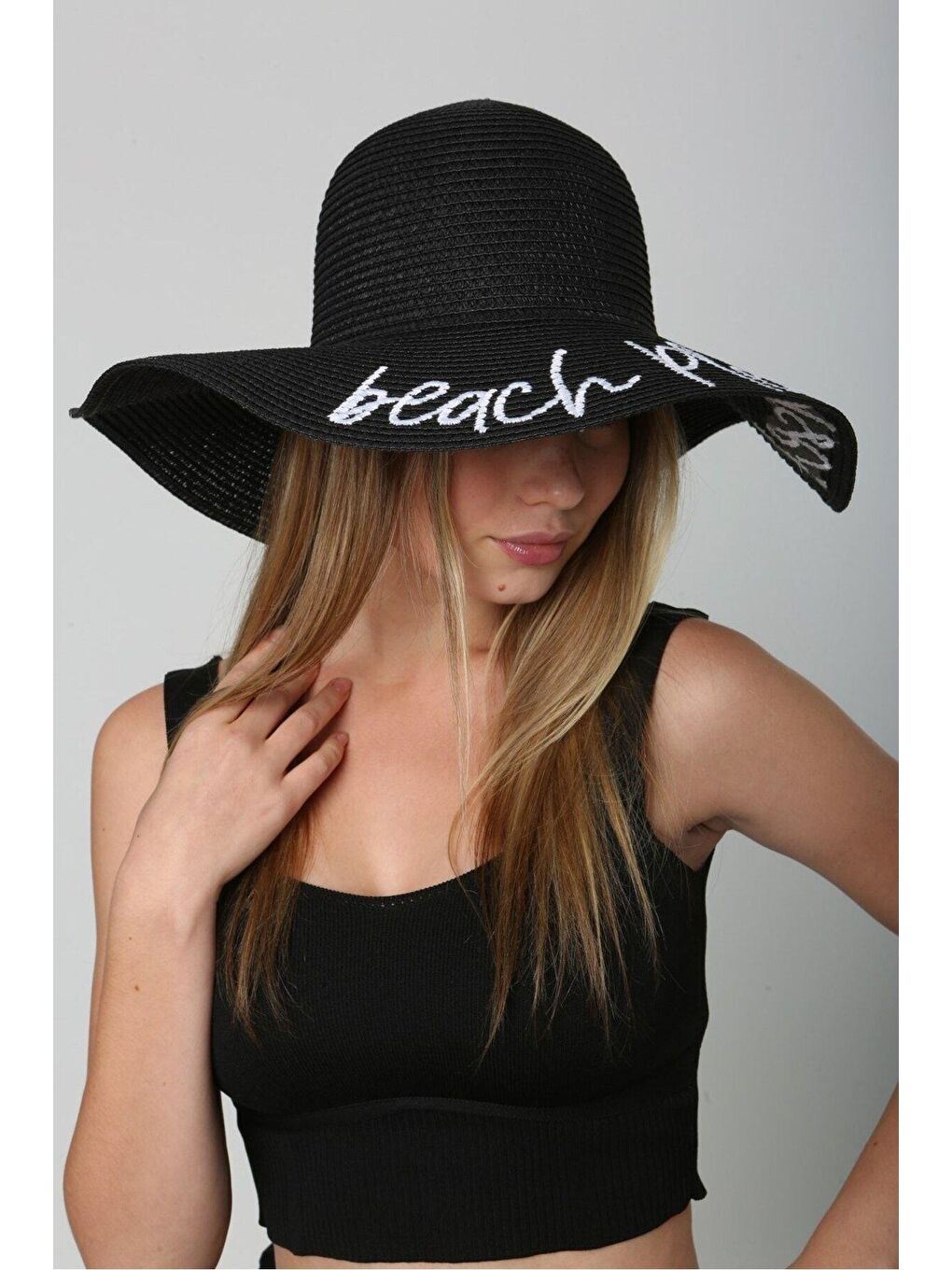 Beach Please Nakışlı Siyah Hasır Şapka Kutulu GönderimHsr2029-3
