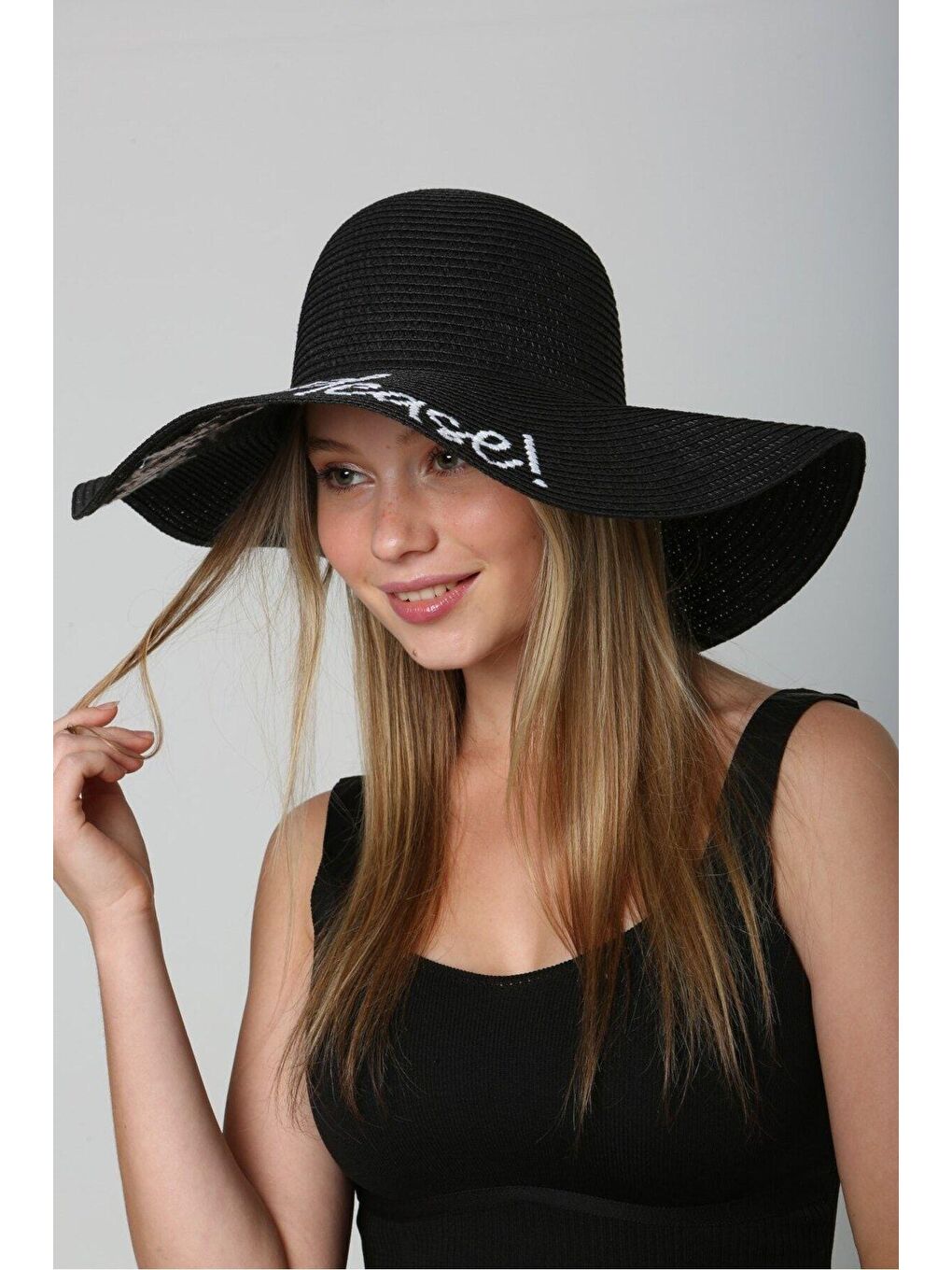 Beach Please Nakışlı Siyah Hasır Şapka Kutulu GönderimHsr2029-5