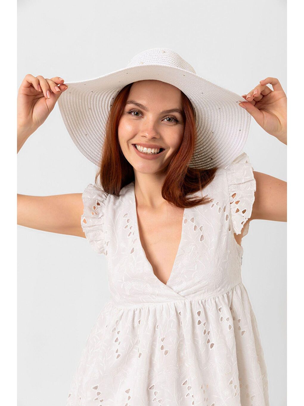 Beyaz Incili Geniş Hasır Şapka Hsr2069 Kutulu Gönderim-1