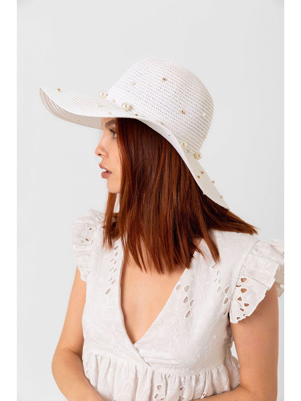 Beyaz Incili Geniş Hasır Şapka Hsr2069 Kutulu Gönderim-2