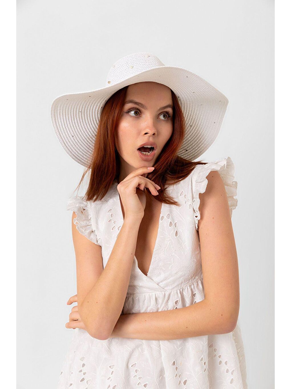 Beyaz Incili Geniş Hasır Şapka Hsr2069 Kutulu Gönderim-3