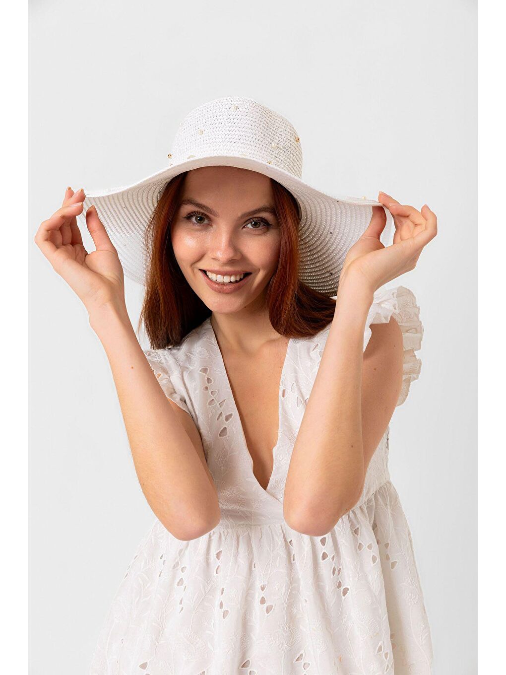 Beyaz Incili Geniş Hasır Şapka Hsr2069 Kutulu Gönderim-4