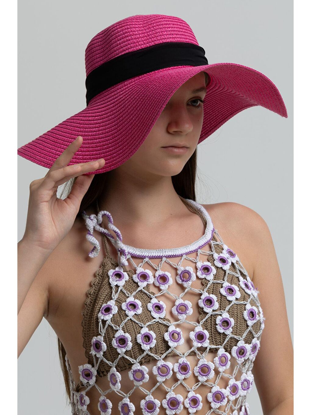 Fiyonklu Fuşya Geniş Hasır Şapka HSR2081-2