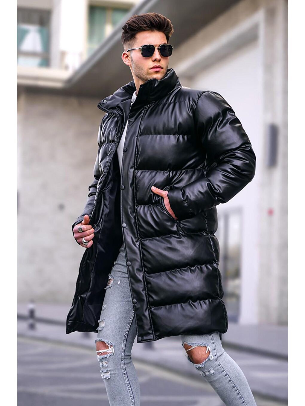 Siyah Uzun Erkek Şişme Mont