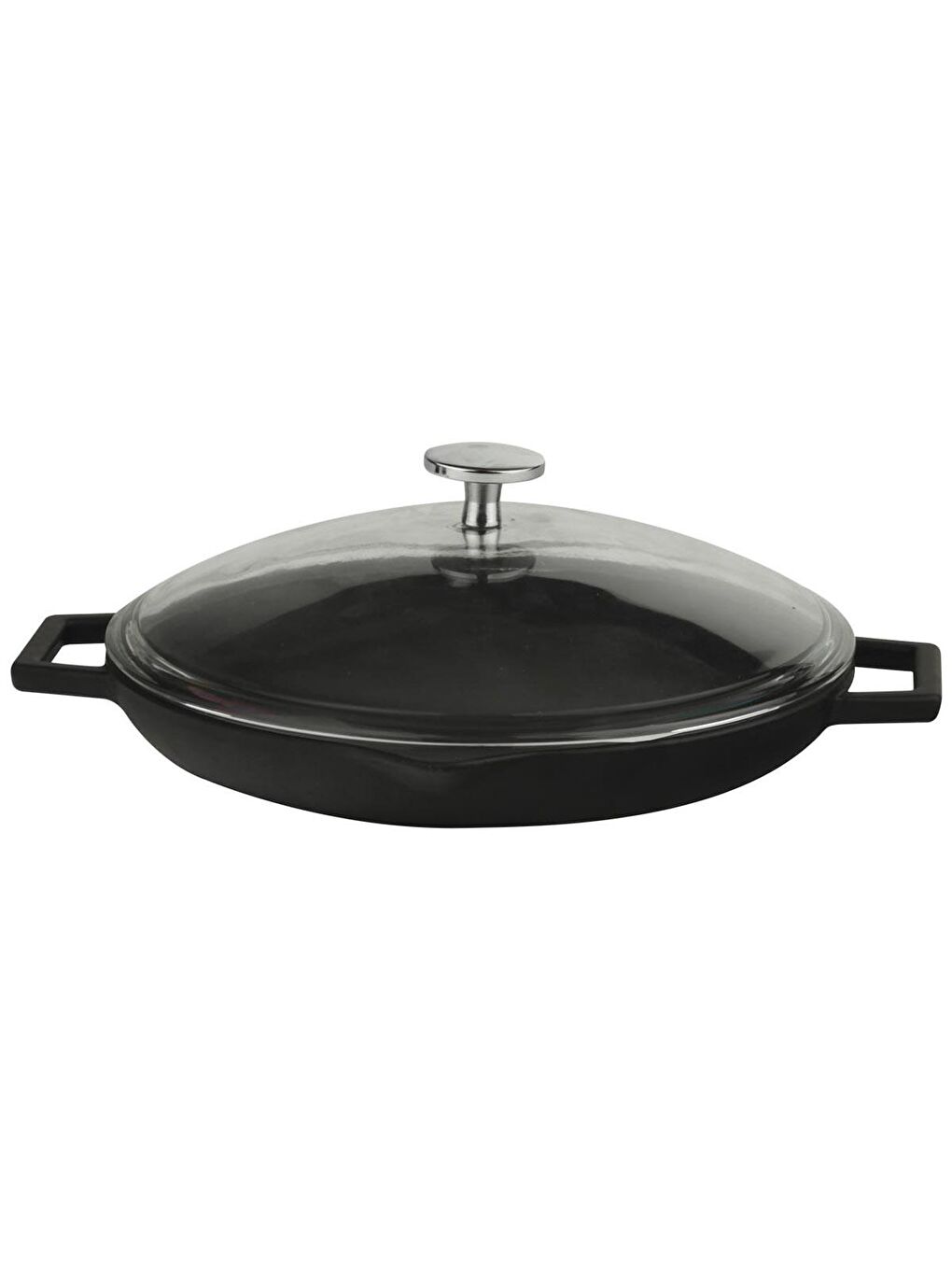Siyah Yuvarlak Kızartma Tavası Cam Kapaklı Döküm Demir Yekpare Çift Kulplu Çap(Ø)30cm.