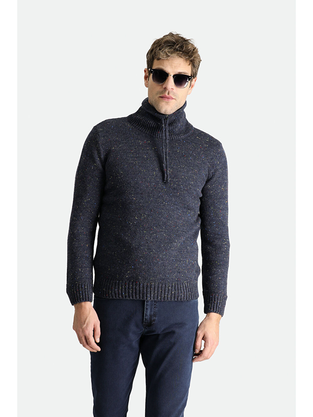 Lacivert Balıkçı Yaka Slim Fit Dar Kesim Desenli Yünlü Triko Kazak-3