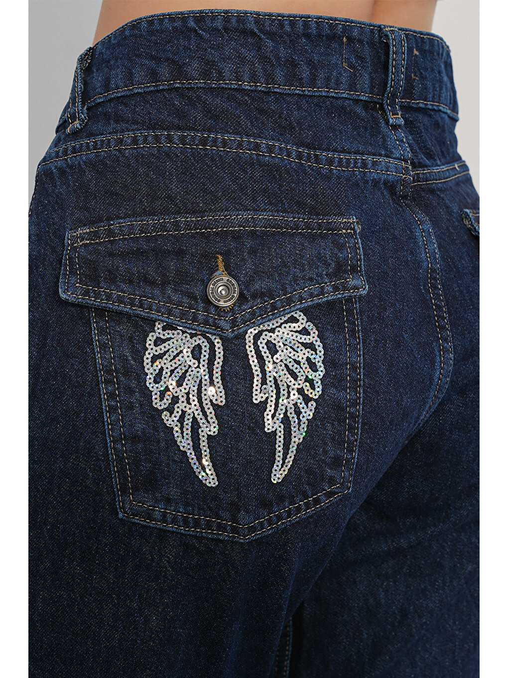 Kadın Geniş Paça Pul Detaylı Jean Pantolon 30124 - Lacivert-5
