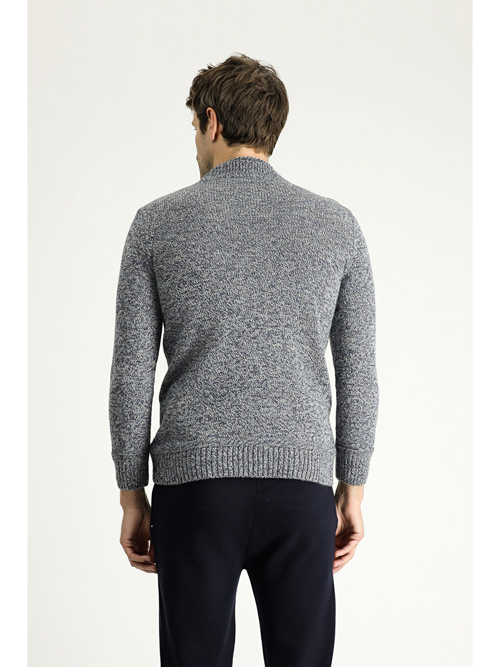 Lacivert Bato Yaka Slim Fit Dar Kesim Desenli Alpaka Yünlü Triko Kazak-3