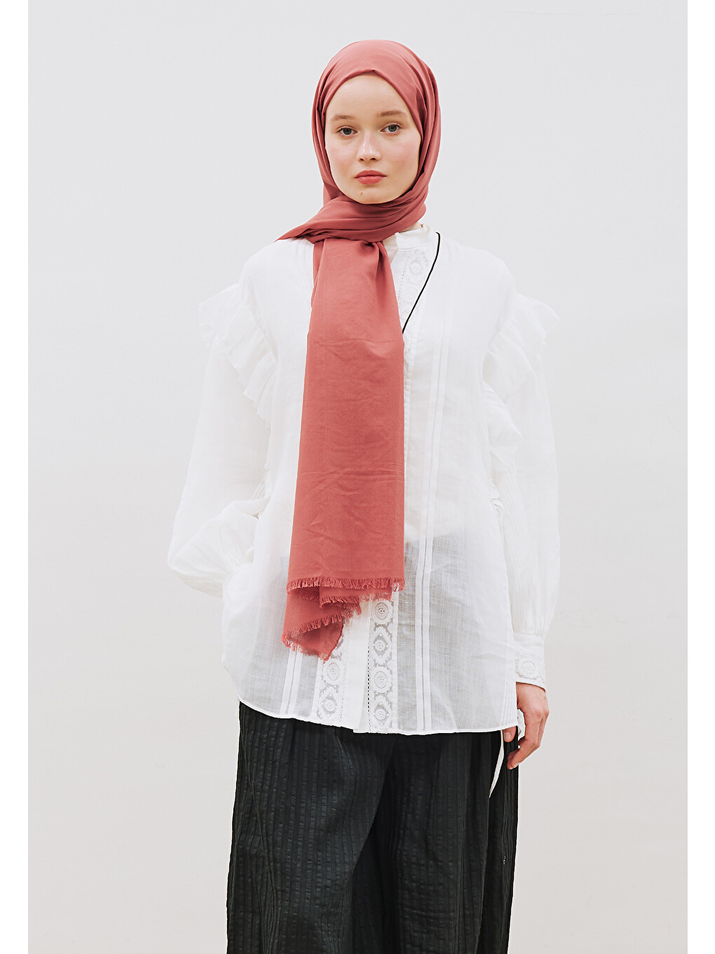 Pembe İnce Pamuk Vual Şal Şeftalı-3