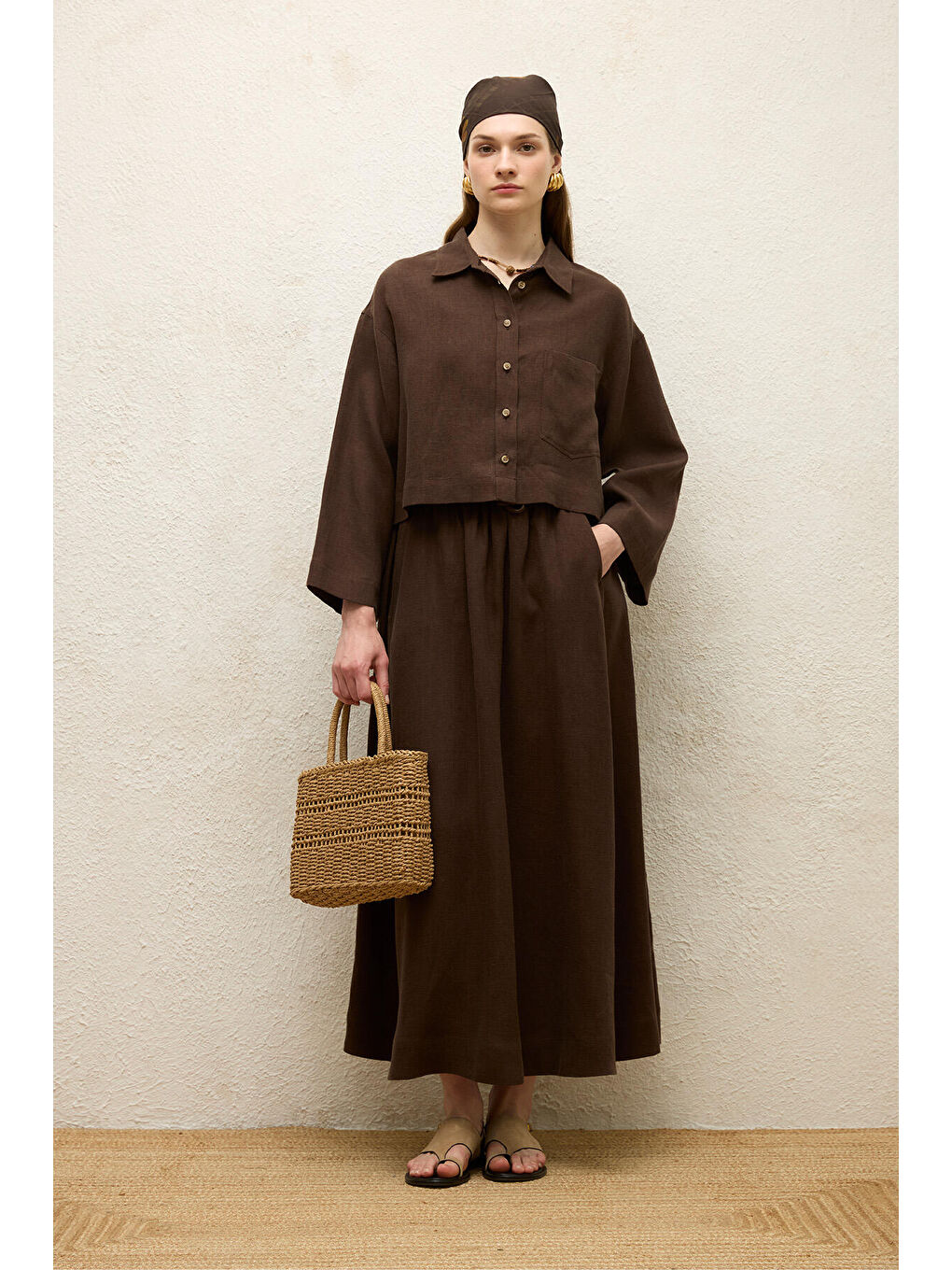 Kahverengi Keten Uzun Kol Crop Gömlek Acı Kahve