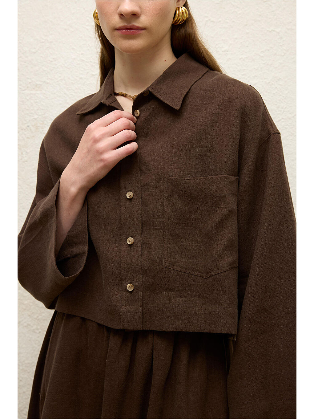 Kahverengi Keten Uzun Kol Crop Gömlek Acı Kahve-1