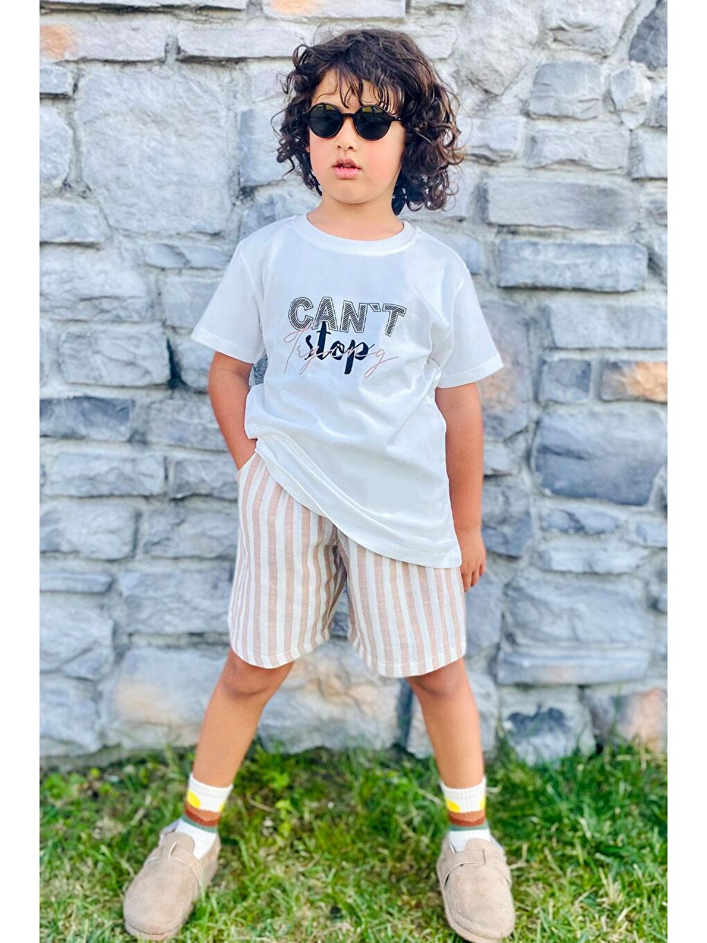 Erkek Çocuk Şortlu Takım Yazı Baskılı Bağcık Aksesuarlı Ekru (4 Yaş)-1