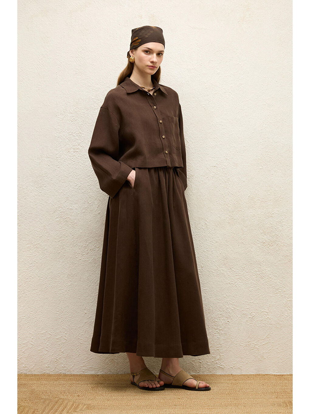 Kahverengi Keten Uzun Kol Crop Gömlek Acı Kahve-2