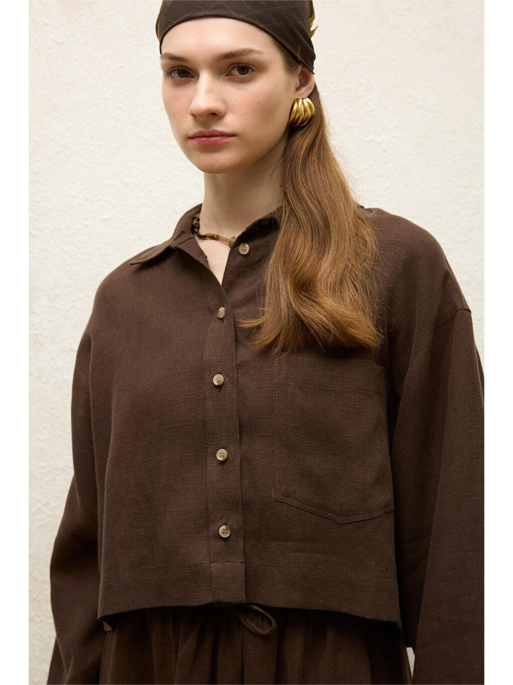 Kahverengi Keten Uzun Kol Crop Gömlek Acı Kahve-3