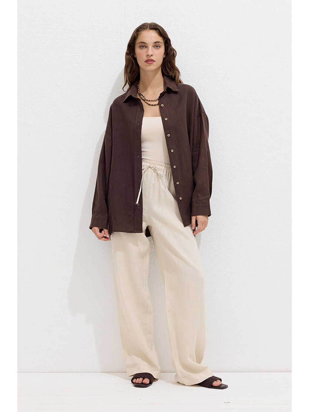 Kahverengi Keten Oversize Düğmeli Gömlek Acı Kahve-1