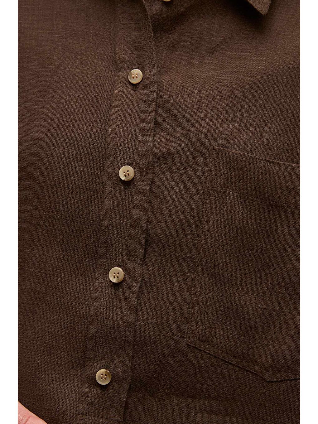 Kahverengi Keten Uzun Kol Crop Gömlek Acı Kahve-4