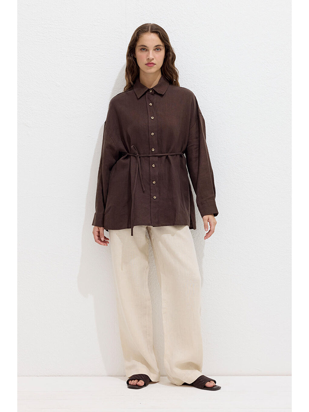 Kahverengi Keten Oversize Düğmeli Gömlek Acı Kahve-2