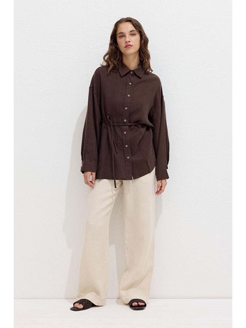 Kahverengi Keten Oversize Düğmeli Gömlek Acı Kahve-3