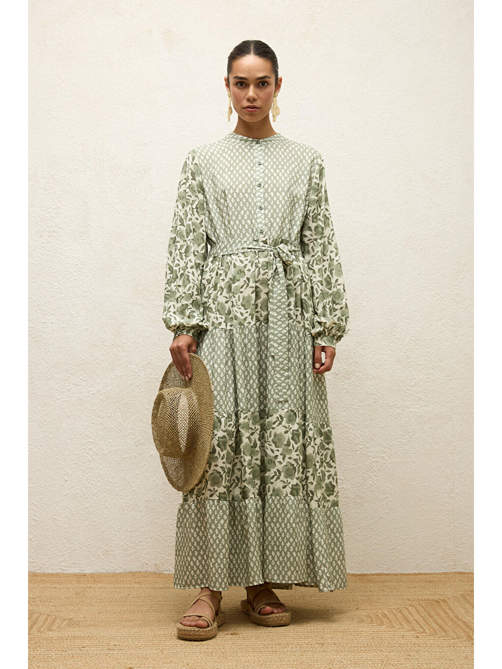 Karışık Desenli Katlı Viskon Elbise Green Sımone-1