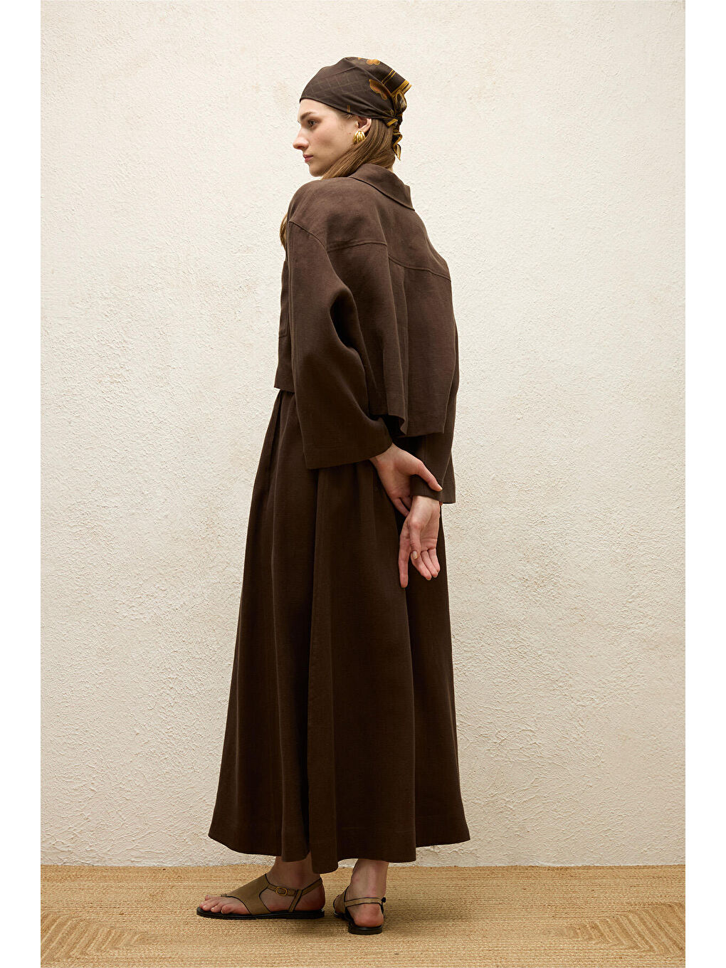 Kahverengi Keten Uzun Kol Crop Gömlek Acı Kahve-5