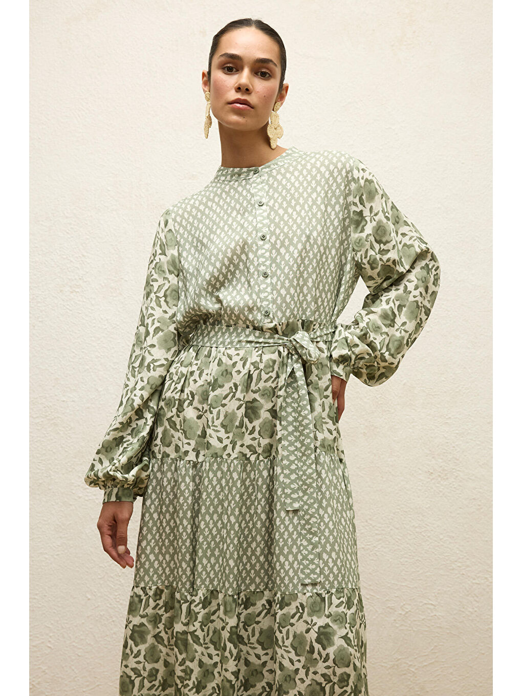 Karışık Desenli Katlı Viskon Elbise Green Sımone-2