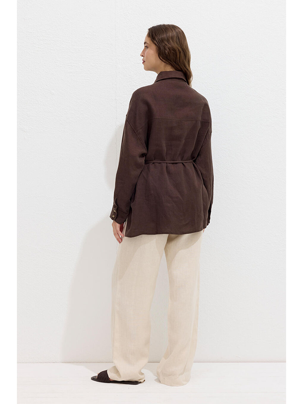 Kahverengi Keten Oversize Düğmeli Gömlek Acı Kahve-5