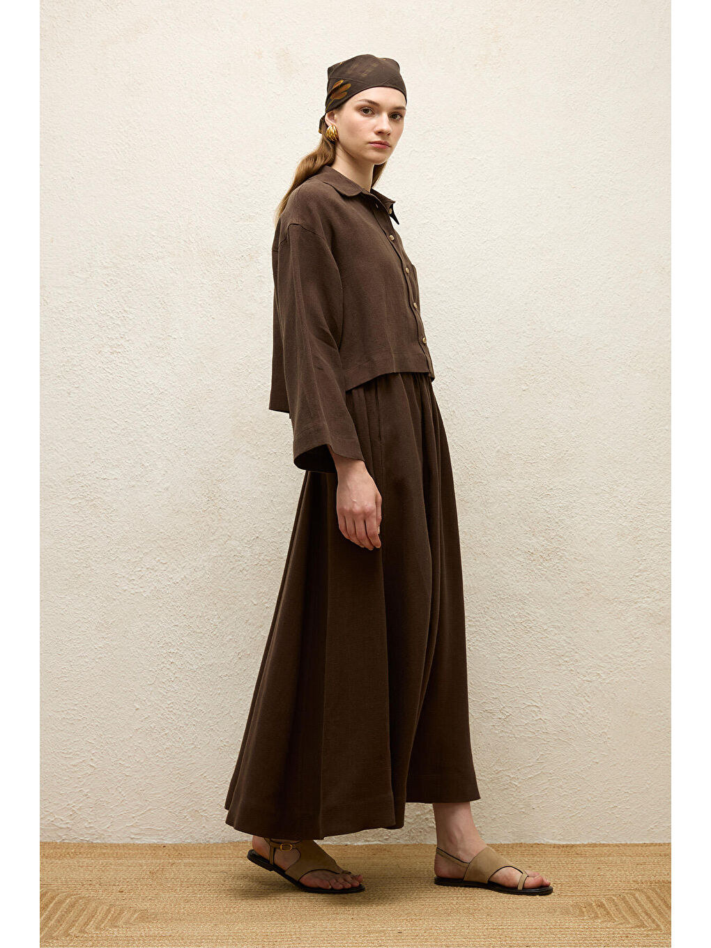 Kahverengi Keten Uzun Kol Crop Gömlek Acı Kahve-6