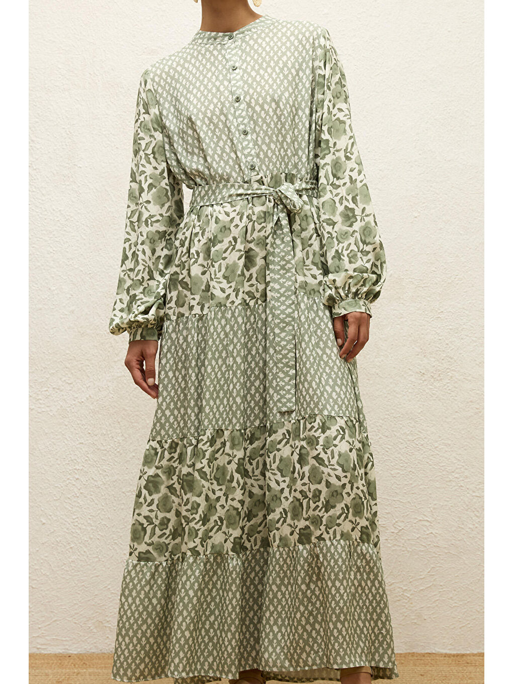 Karışık Desenli Katlı Viskon Elbise Green Sımone-3