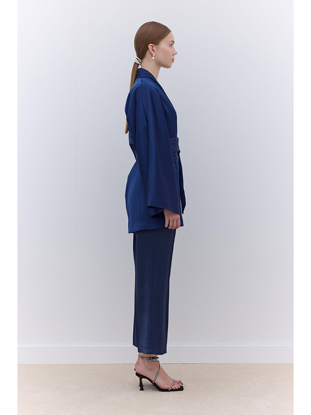 Saten Kemerli Kimono Lacivert-1