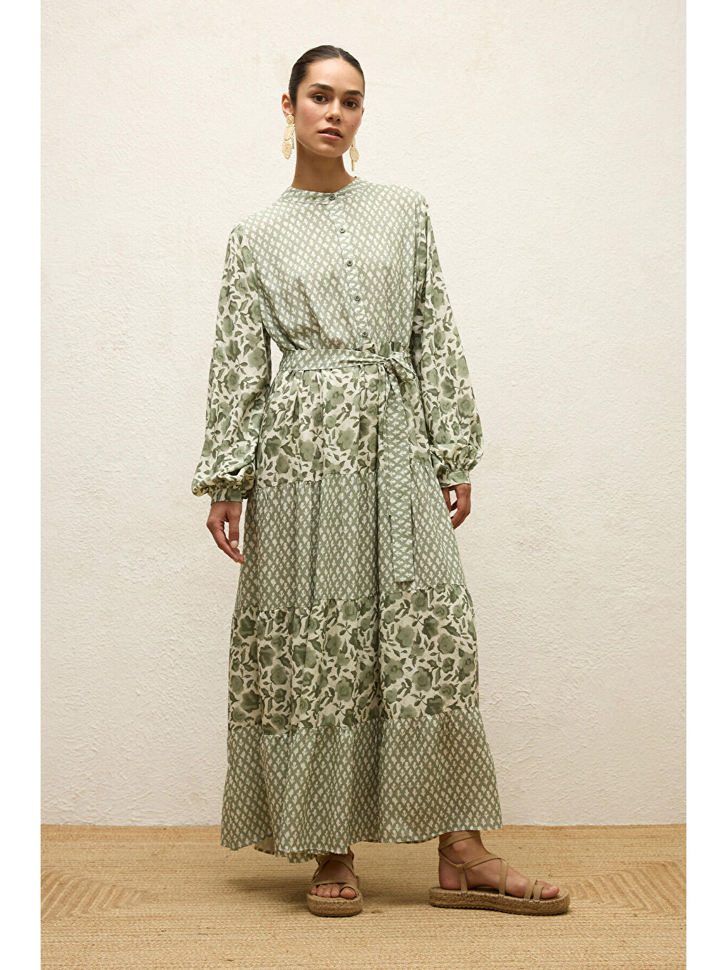 Karışık Desenli Katlı Viskon Elbise Green Sımone-4