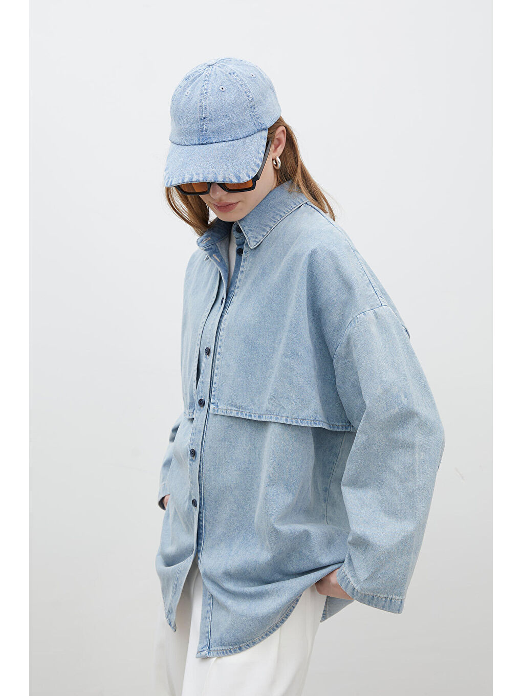 Trench Tasarım Denim Ceket Buz Mavi-3