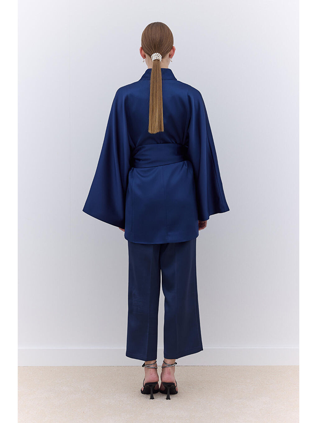 Saten Kemerli Kimono Lacivert-3