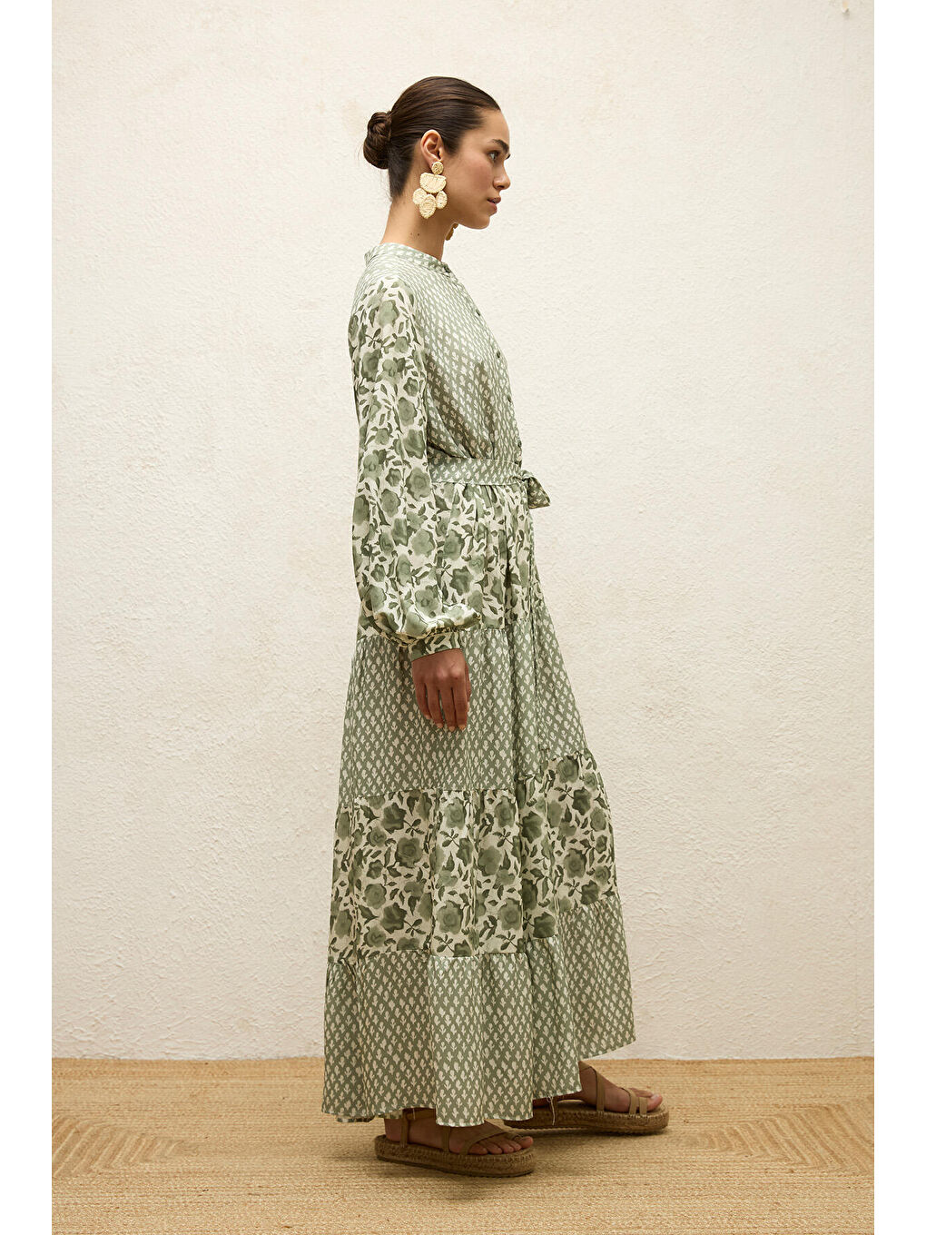 Karışık Desenli Katlı Viskon Elbise Green Sımone-5