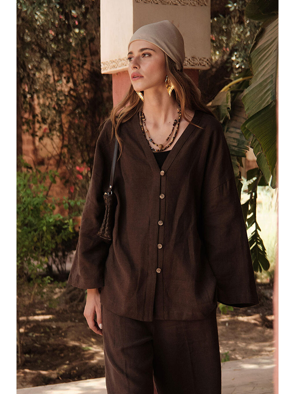 Kahverengi Düğmeli Keten Gömlek Acı Kahve-1