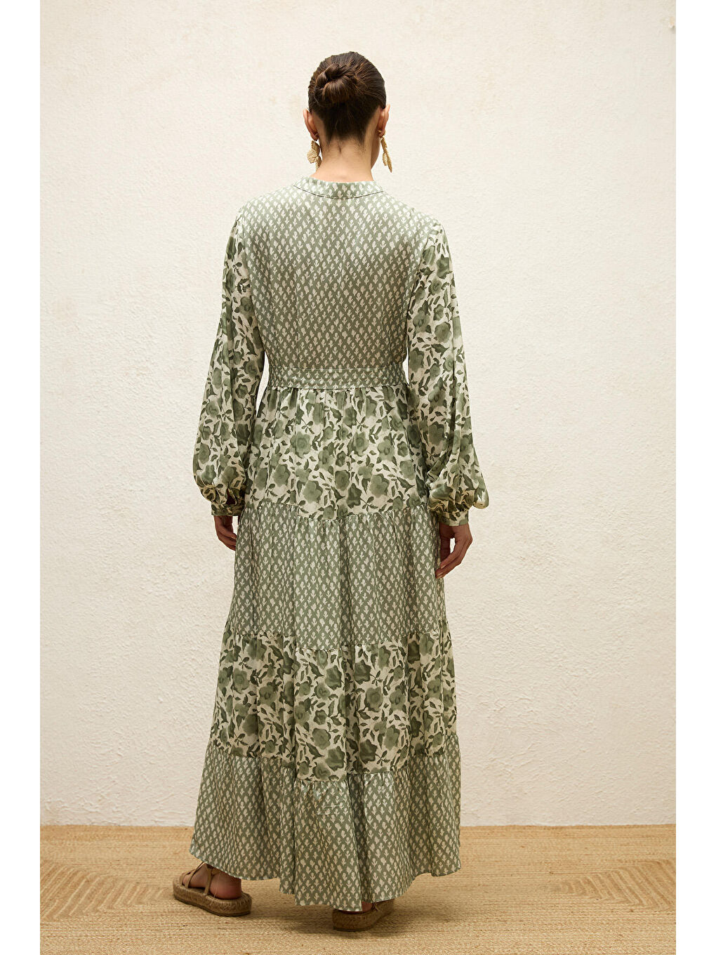 Karışık Desenli Katlı Viskon Elbise Green Sımone-7