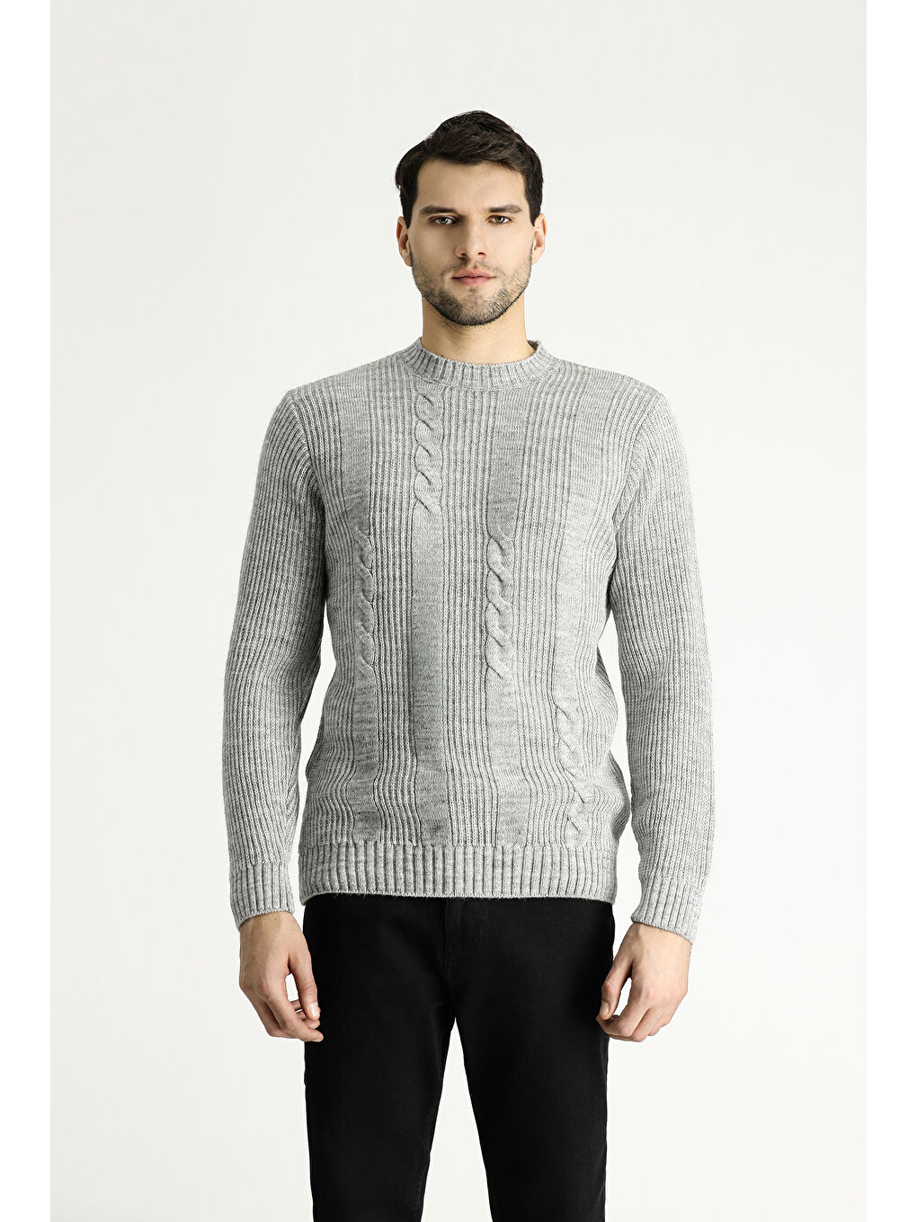 Gri Bisiklet Yaka Slim Fit Dar Kesim Desenli Triko Kazak-3