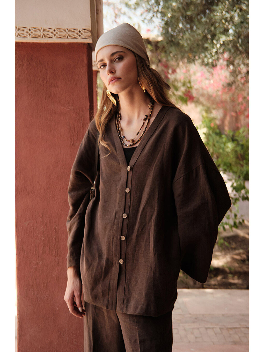 Kahverengi Düğmeli Keten Gömlek Acı Kahve-2