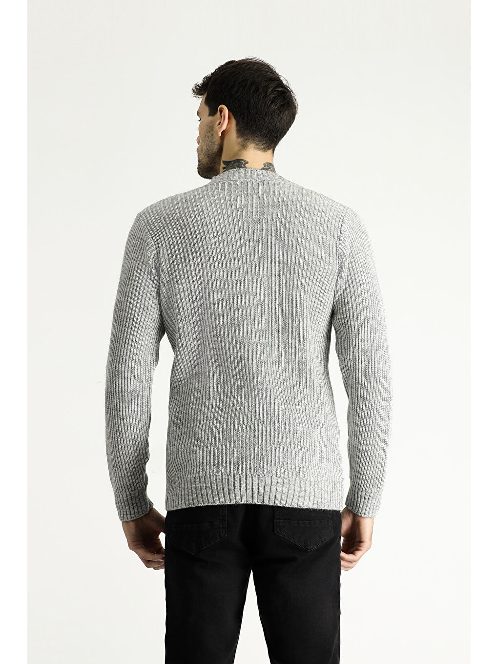 Gri Bisiklet Yaka Slim Fit Dar Kesim Desenli Triko Kazak-4