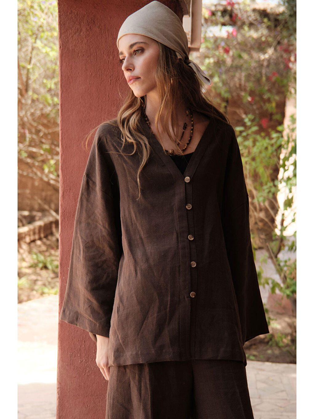 Kahverengi Düğmeli Keten Gömlek Acı Kahve-3