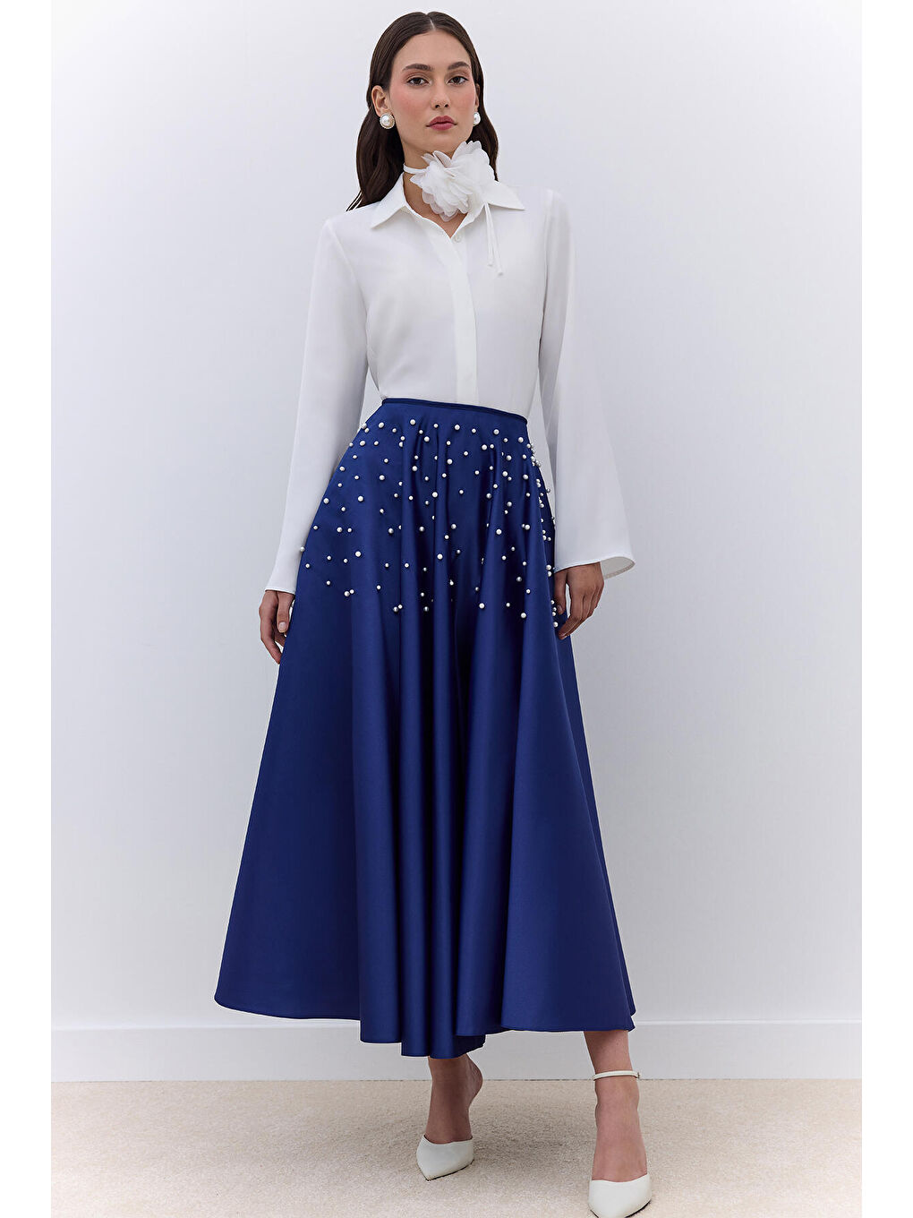 Lacivert İncili Kloş Abiye Etek Gece Mavisi