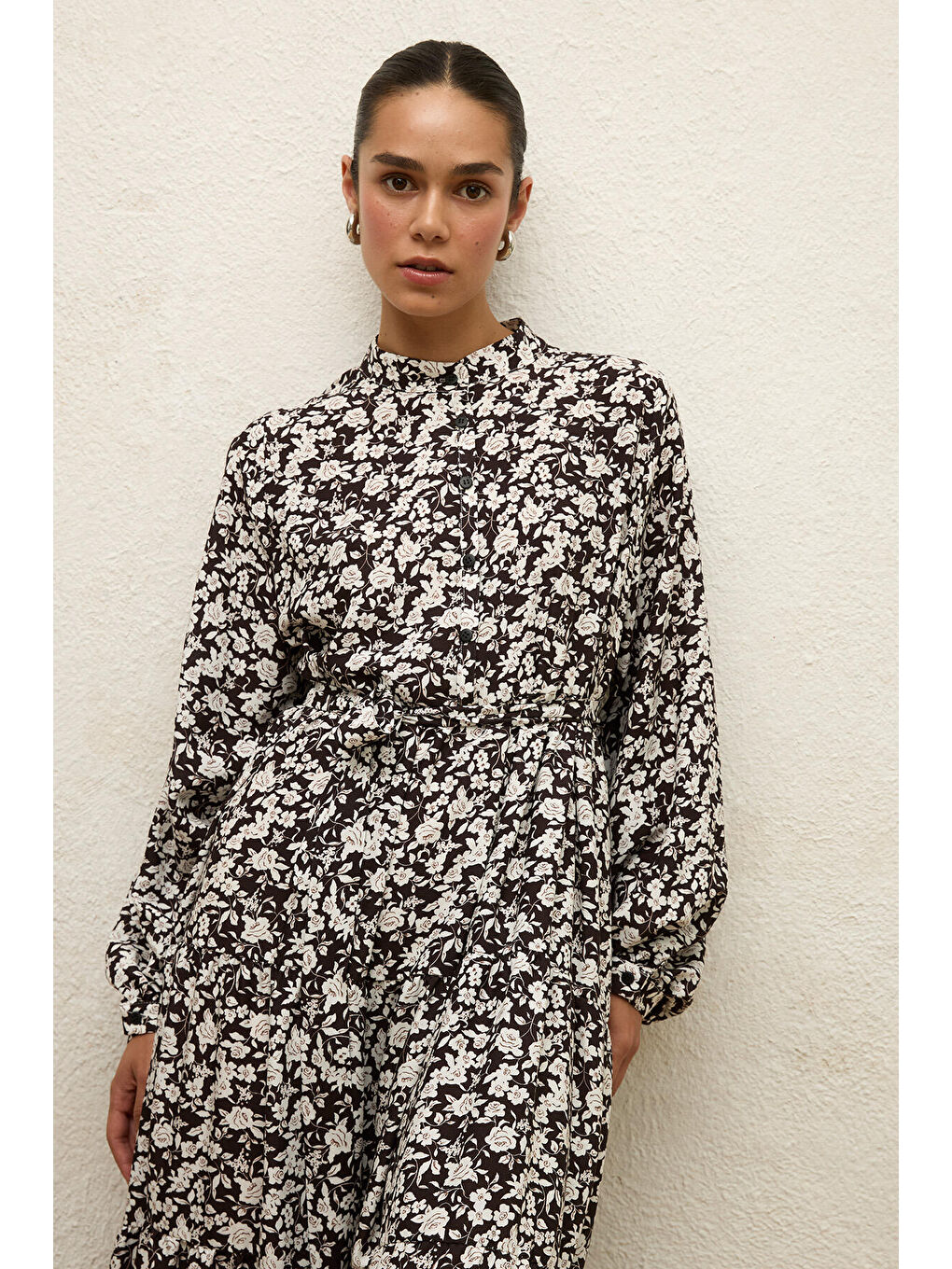 Kahverengi Desenli Katlı Viskon Elbise Poppy Acı Kahve-1