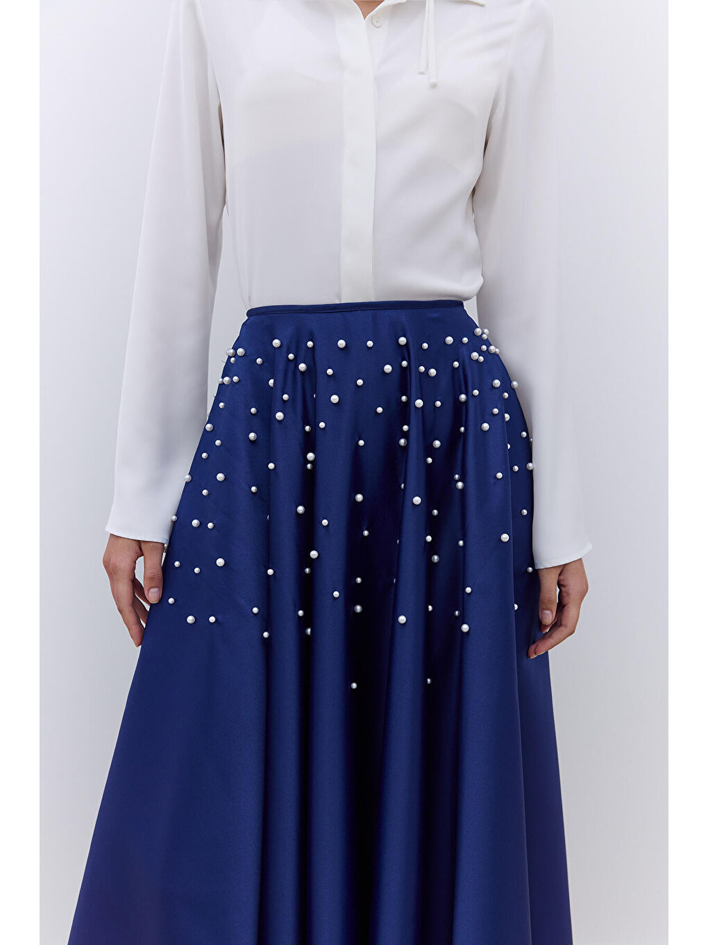 Lacivert İncili Kloş Abiye Etek Gece Mavisi-2