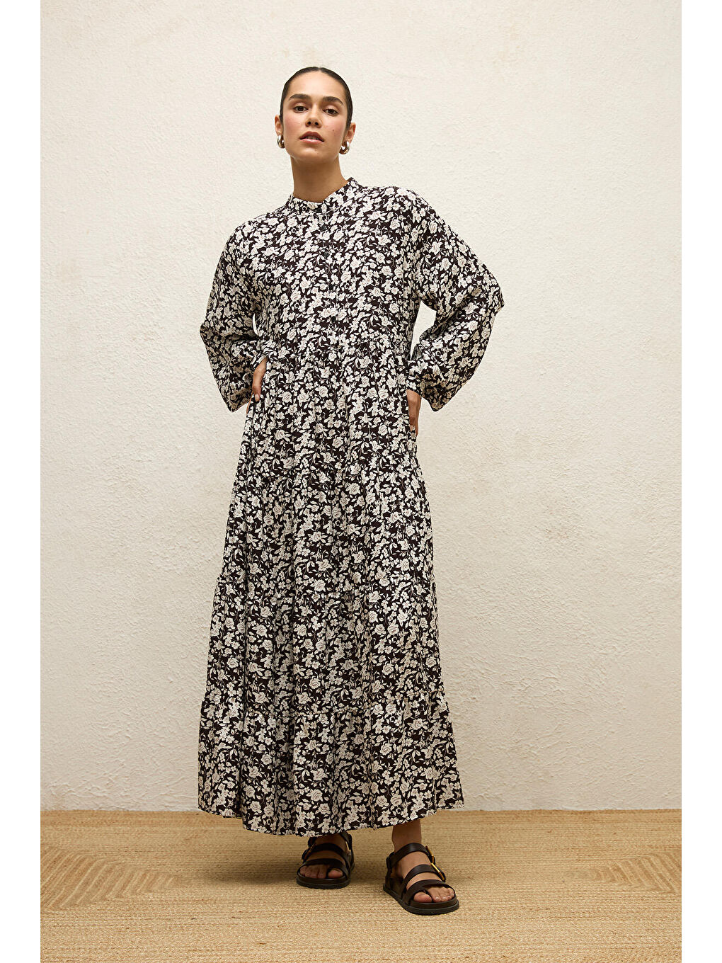 Kahverengi Desenli Katlı Viskon Elbise Poppy Acı Kahve-2