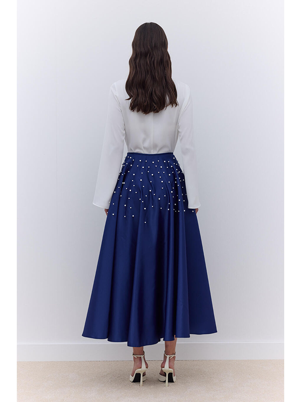 Lacivert İncili Kloş Abiye Etek Gece Mavisi-4