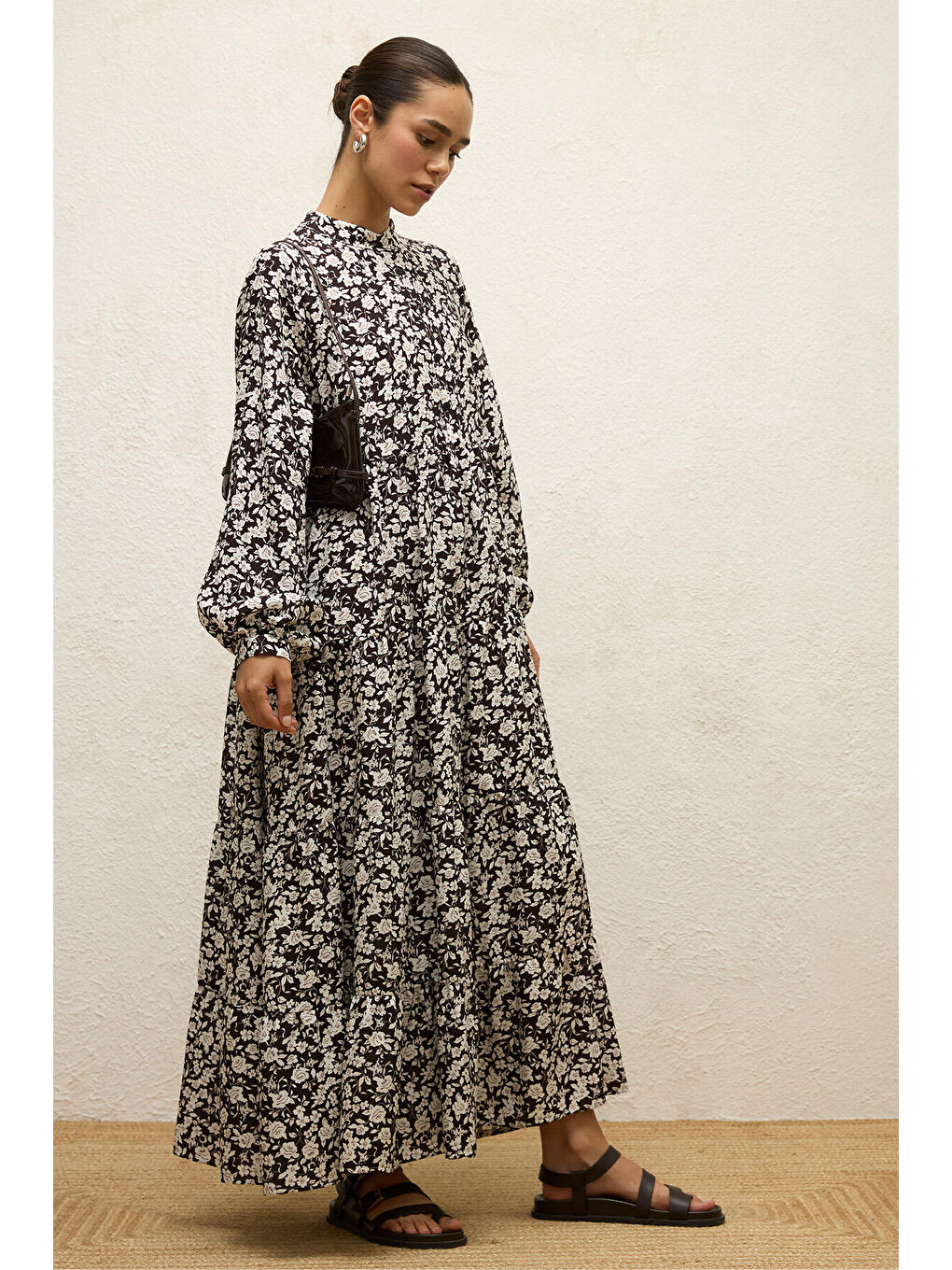 Kahverengi Desenli Katlı Viskon Elbise Poppy Acı Kahve-4