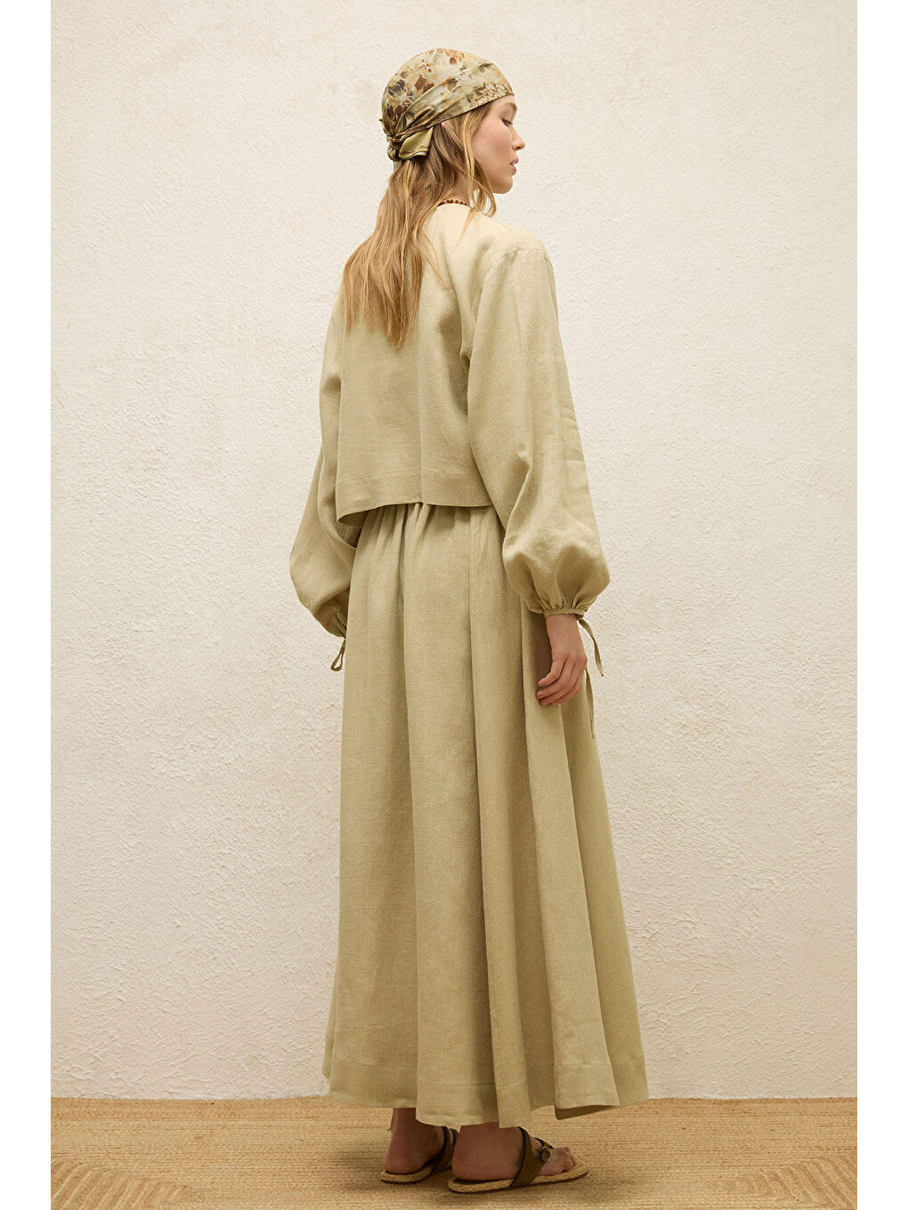 Yeşil Keten Bağcık Detaylı Bluz-7